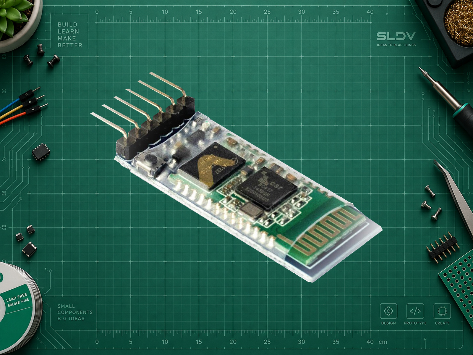 HC-05 на шестиконтактном носителе с маркировкой Power 3.6–6V и LEVEL 3.3V