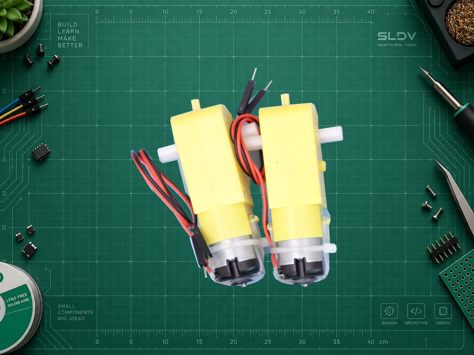 Два TT-мотор-редуктора Adafruit 3777 из проекта, с реальными проводами и разъёмами