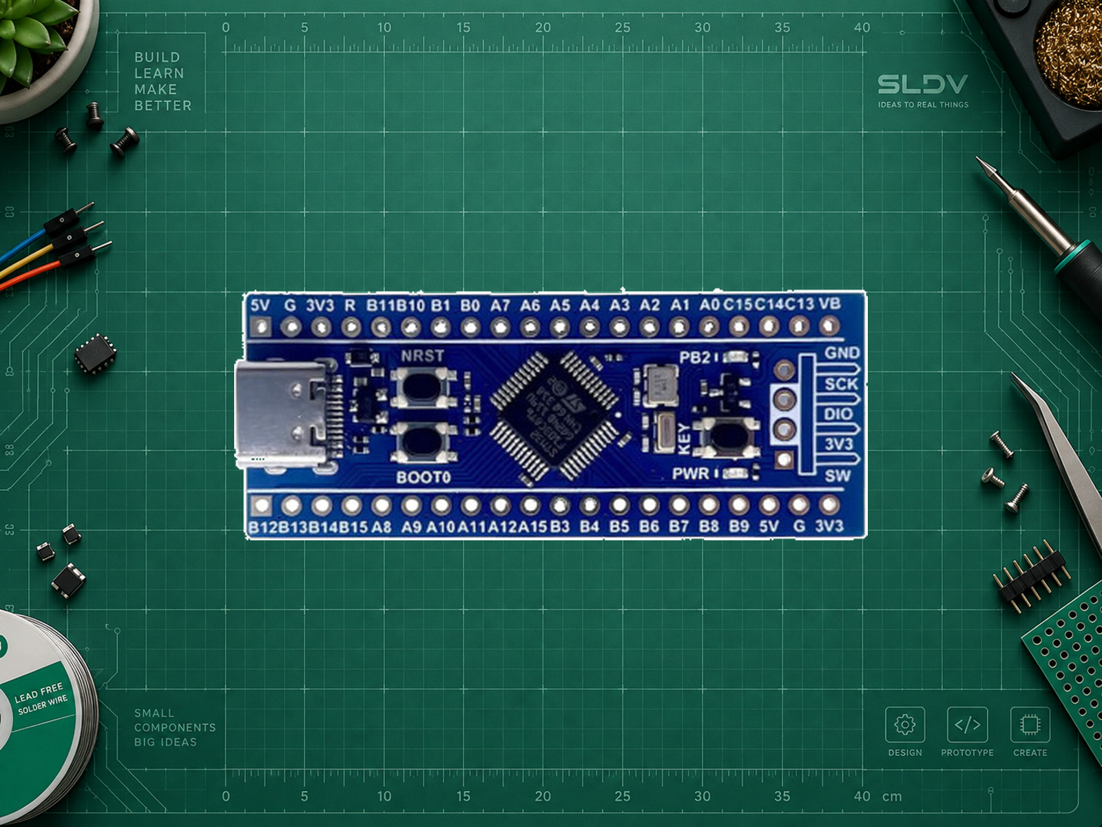 Реальное фото WeAct BluePill Plus STM32F103C8T6; исходник500px из Bridle. Суффикс C8T6 проверен поворотом исходного снимка, не дорисовывался.