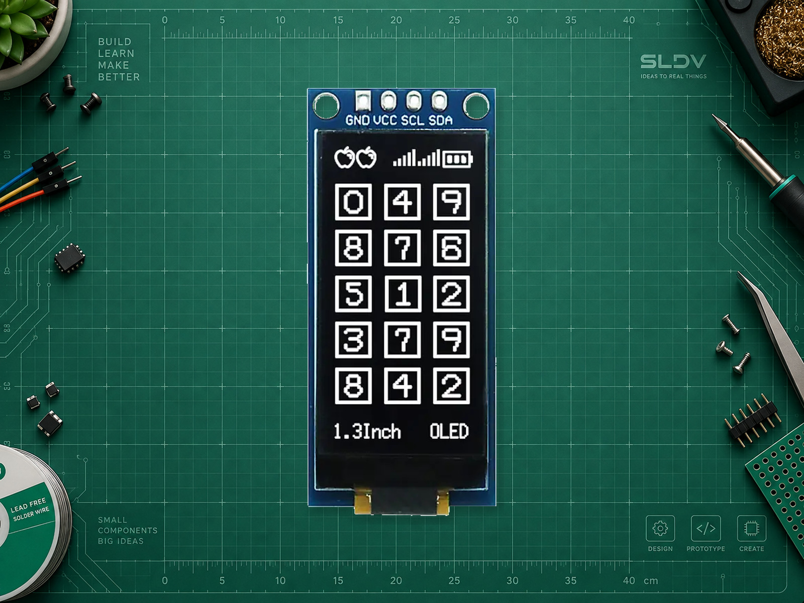GoldenMorning GME64128-02: реальная четырёхконтактная OLED-плата 1.3″, вид спереди; контроллер не виден на фотографии.