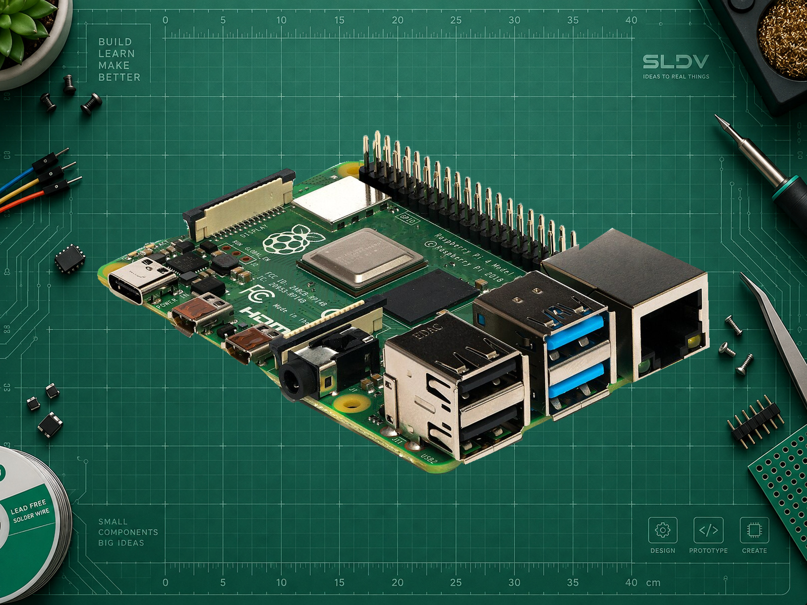 Raspberry Pi 4 Model B, вид под углом со стороны USB и Ethernet