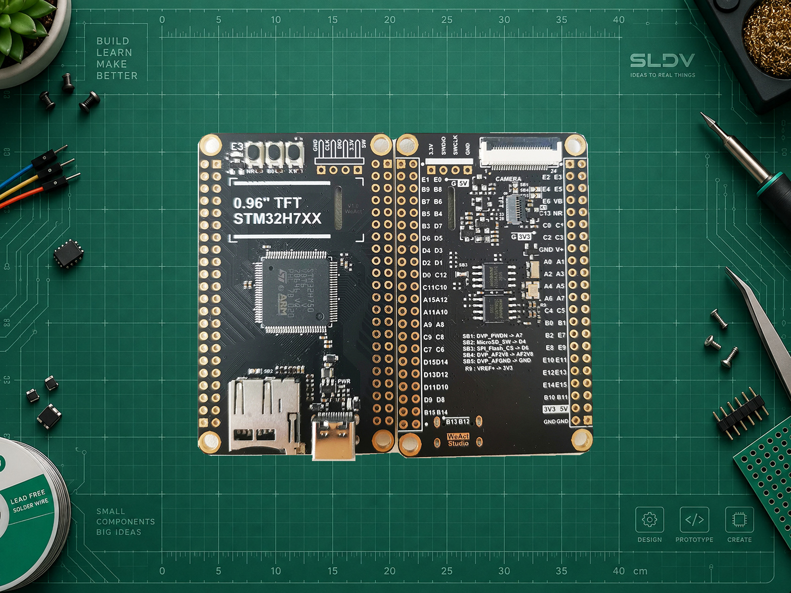 WeAct MiniSTM32H750VBT6 — реальная плата спереди и сзади без установленного экрана и камеры