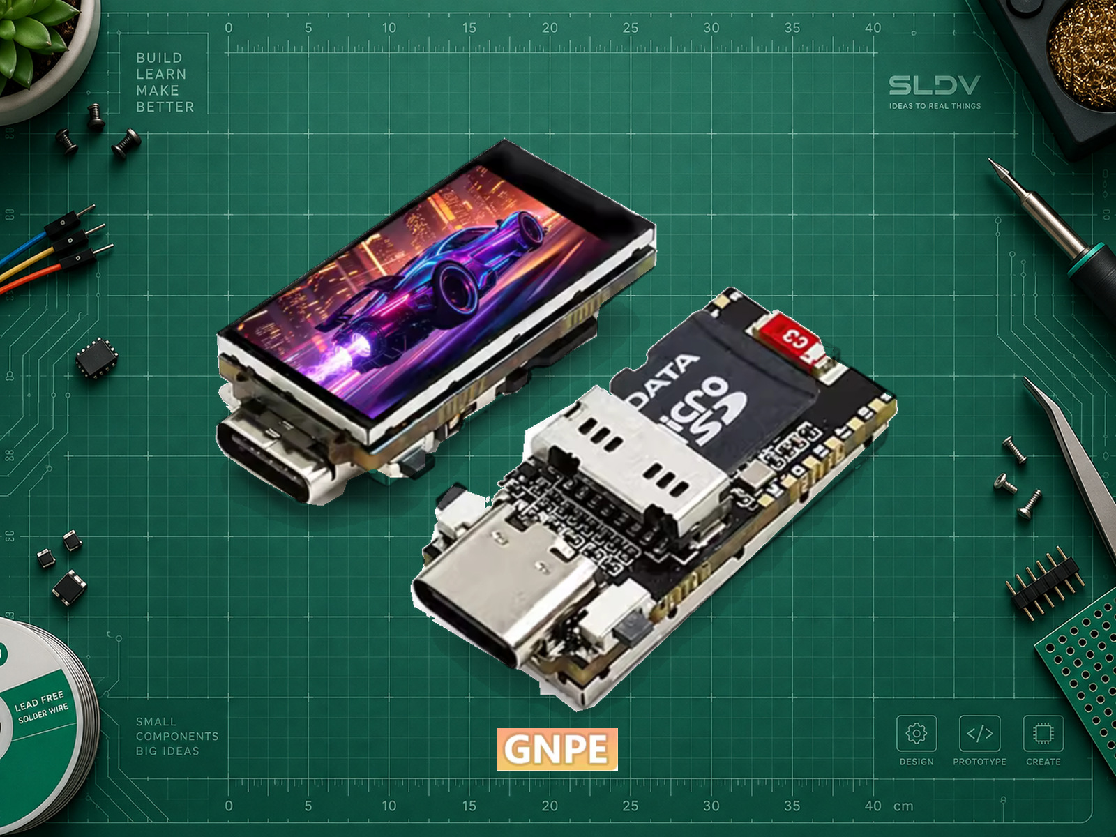 Плата ESP32-C6 LCD 0.96 Mini в материалах продавца GNPE: сторона экрана и сторона компонентов. Изображение на LCD демонстрационное. Показанная microSD не входит в выбранный комплект No-SD Card.