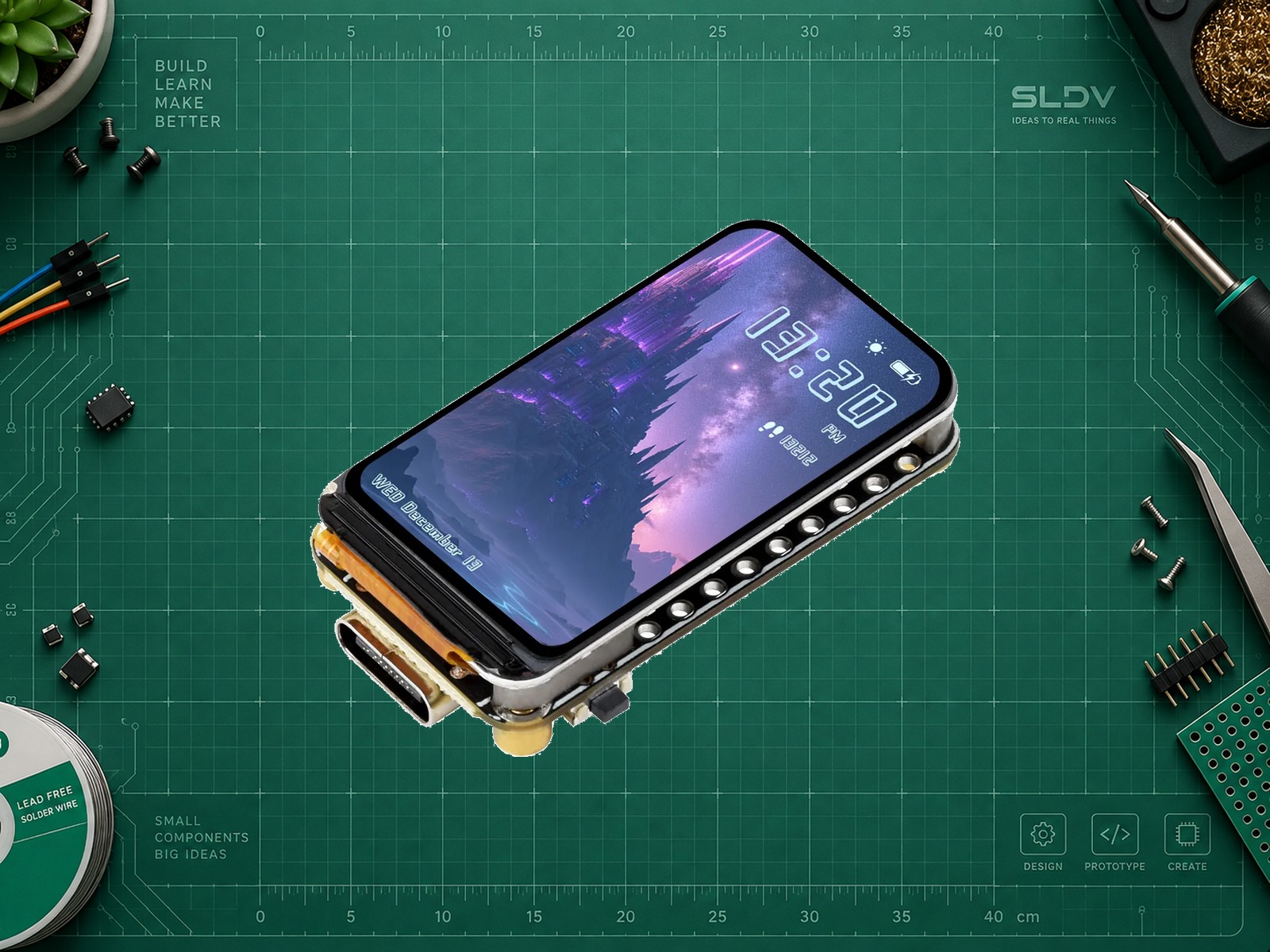 Waveshare ESP32-S3-LCD-1.47B — реальная плата без припаянных гребёнок, на экране демонстрационный интерфейс производителя