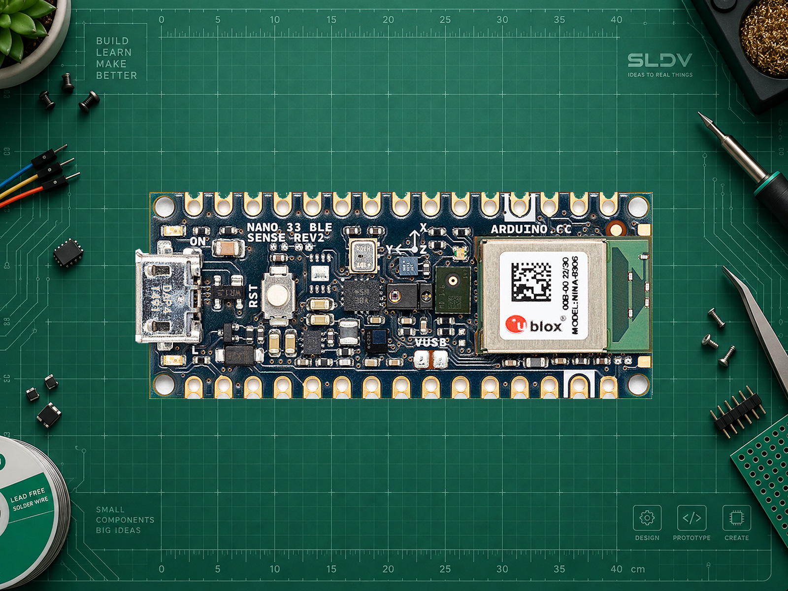 Arduino Nano 33 BLE Sense Rev2 — реальная плата Arduino, вид целиком