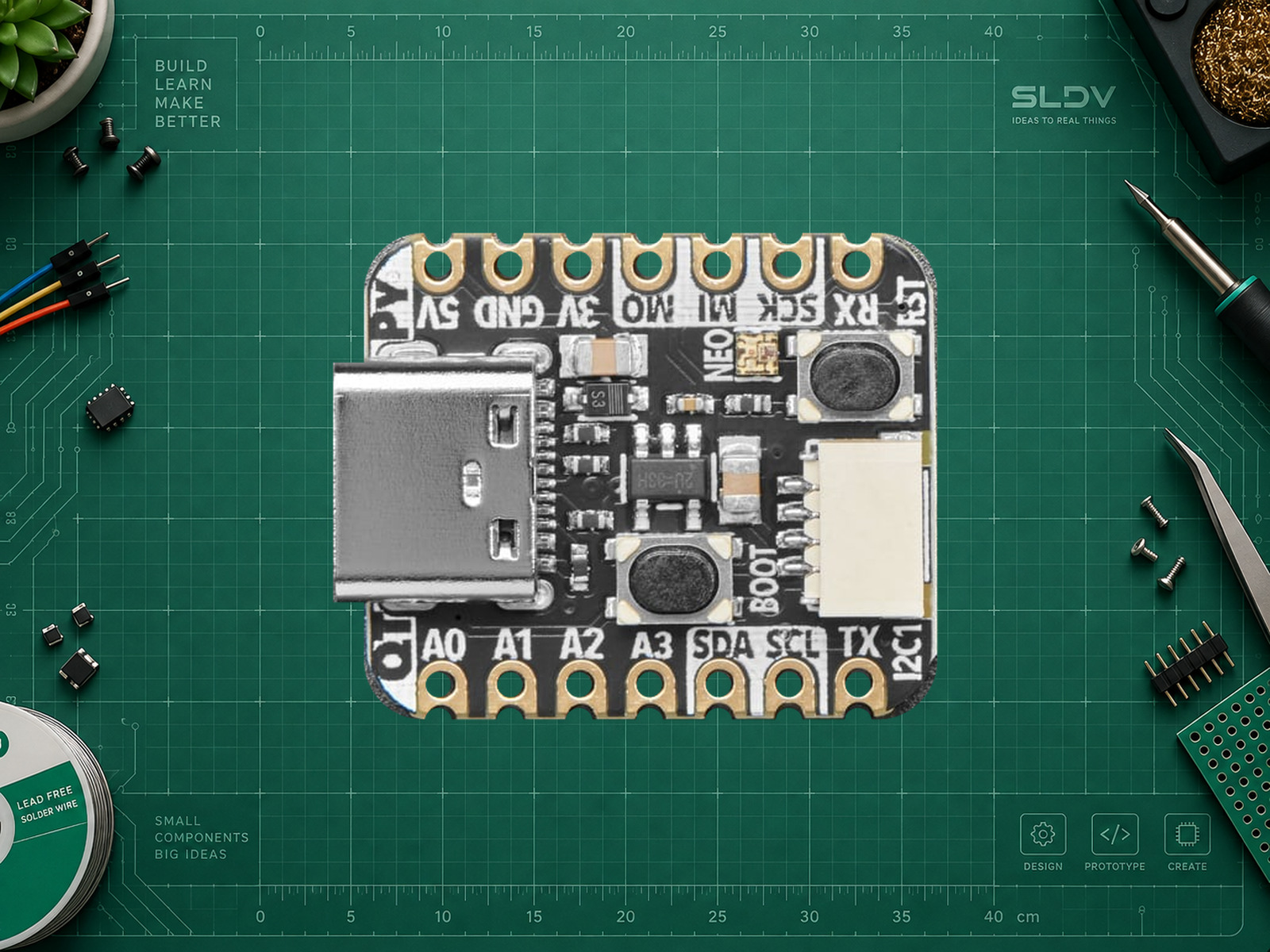 Adafruit QT Py RP2040 — реальная плата, вид спереди