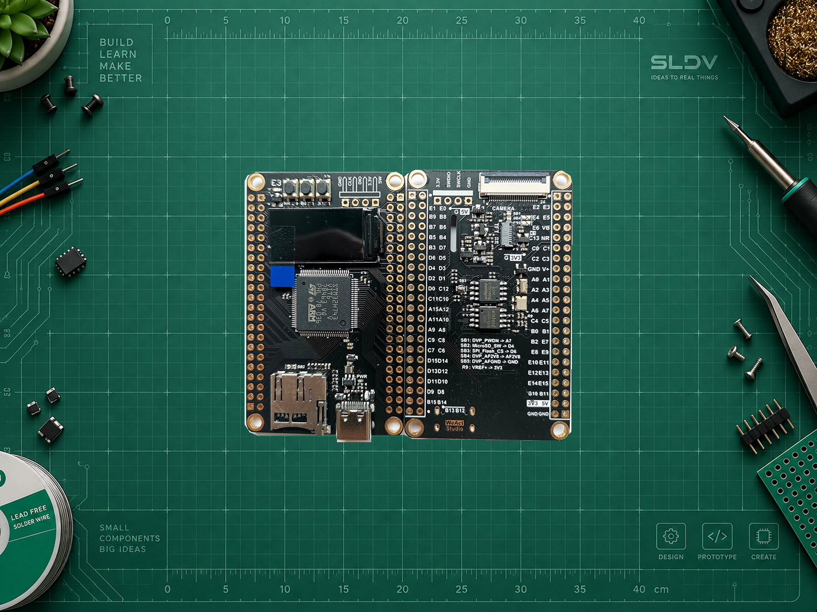 WeAct MiniSTM32H743VIT6 — реальная плата спереди и сзади; показан экземпляр с установленной TFT-панелью