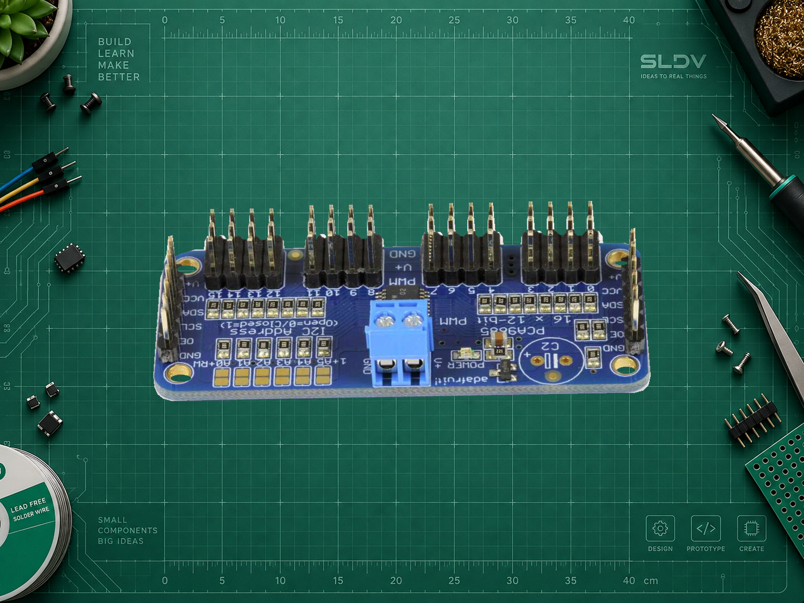 Ранняя плата Adafruit PCA9685 PID 815, позиция C2 без конденсатора