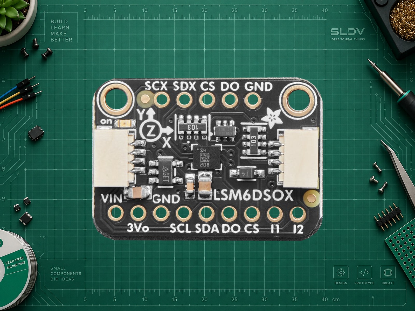 Adafruit LSM6DSOX, точный breakout PID 4438: исходное фото производителя. Геометрия, контакты и маркировка сохранены.