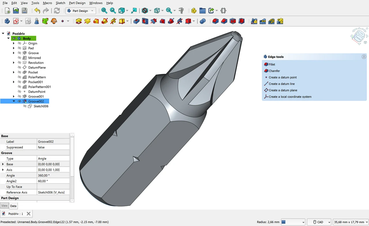 Скриншот FreeCAD PartDesign с моделью биты и деревом операций