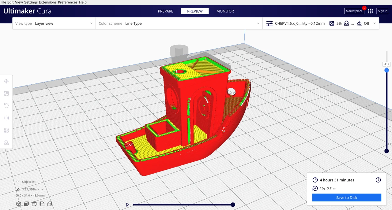 Скриншот Cura: послойная подготовка модели 3DBenchy
